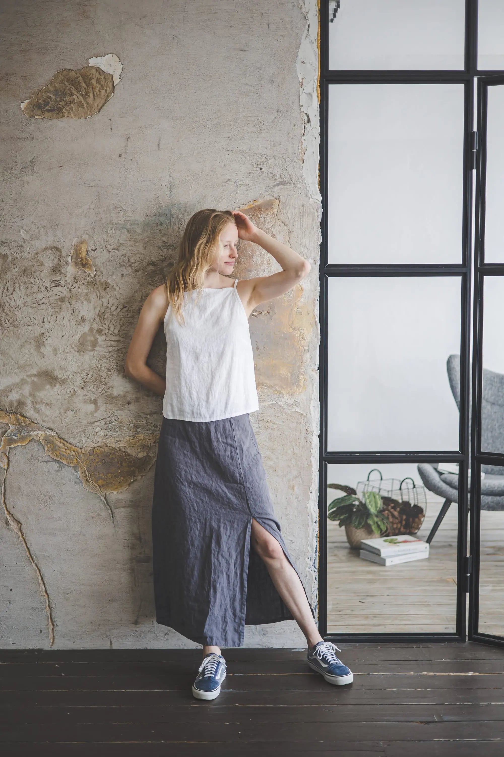 Linen Maxi Skirt With Front Slit Detail