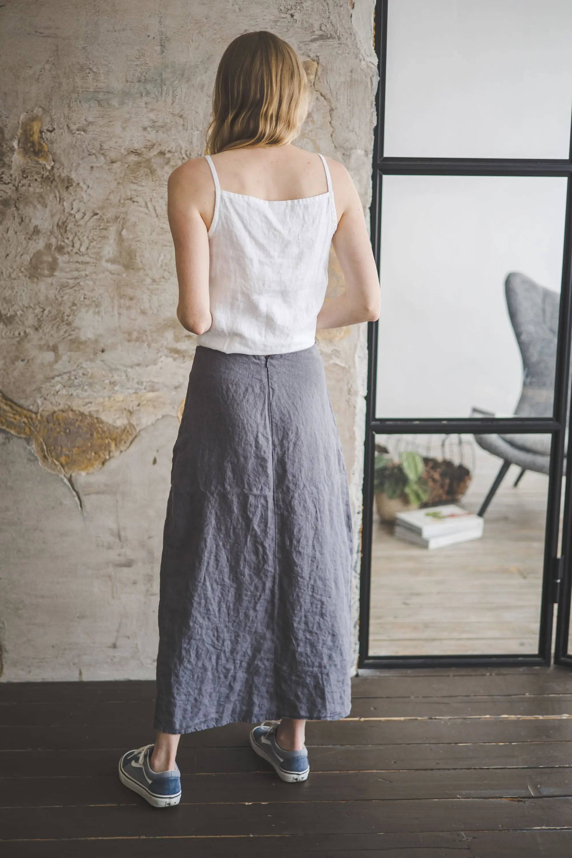 Linen Maxi Skirt With Front Slit Detail