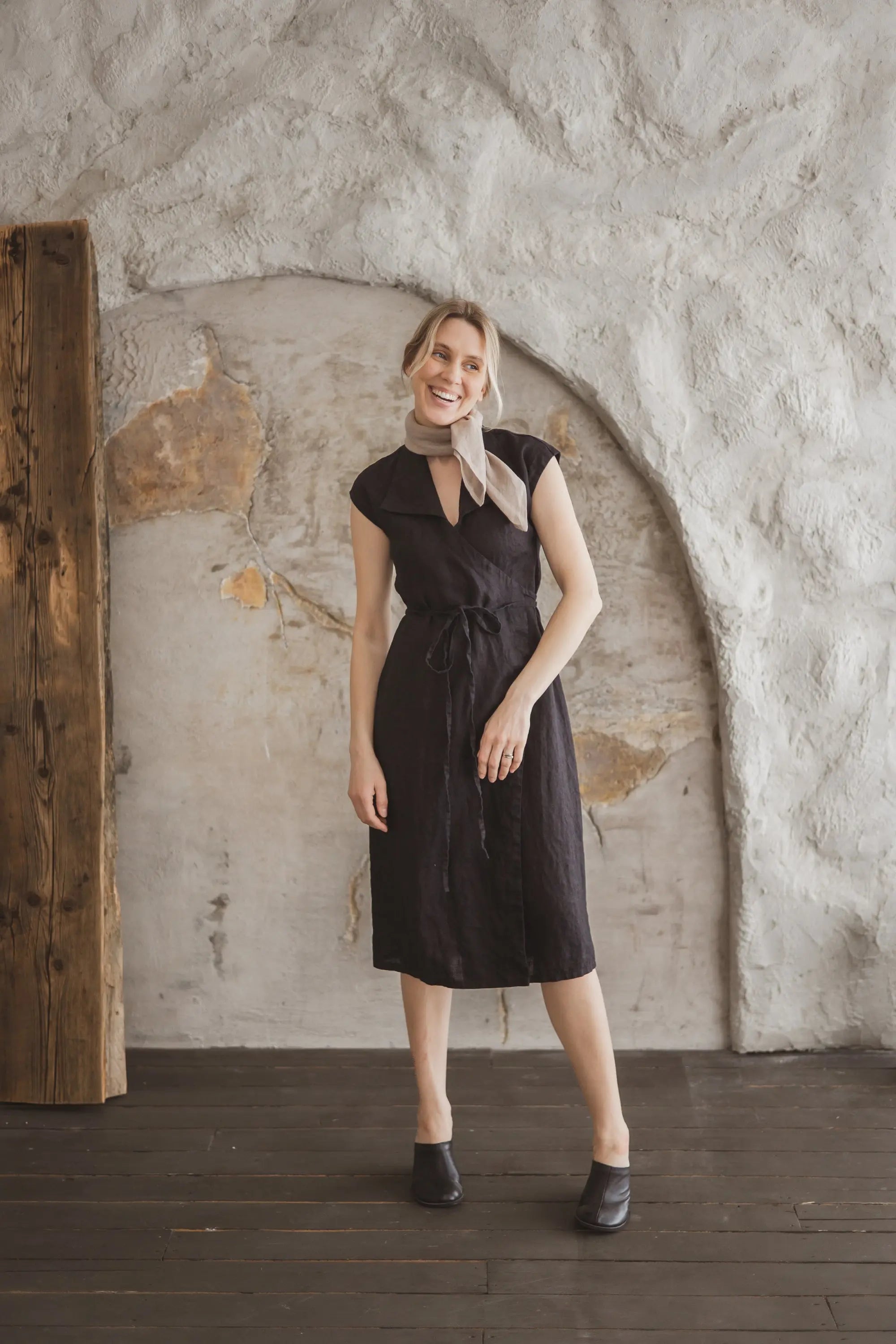 Collared Short Sleeve Midi Linen Wrap Dress - Mia