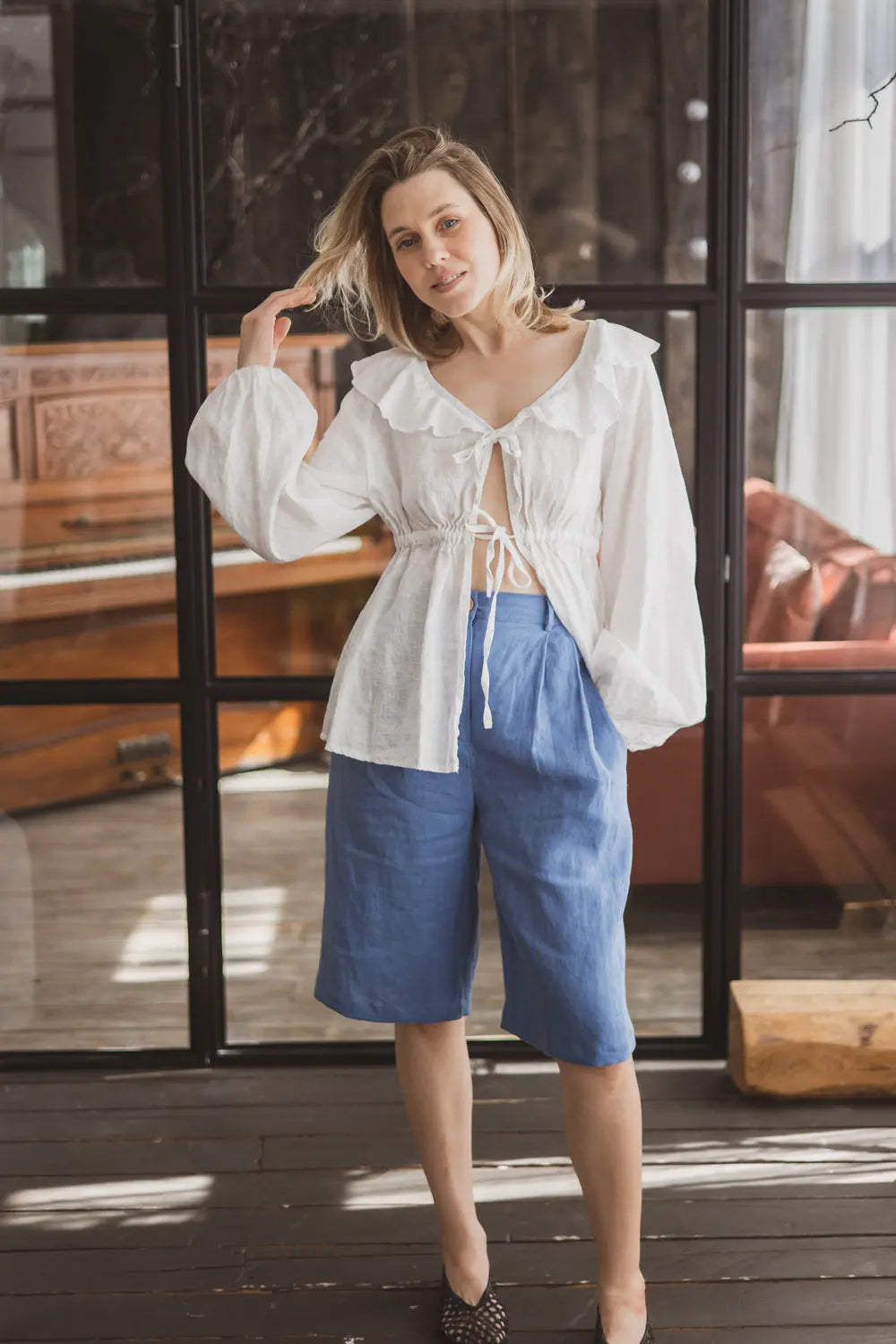 Höga midjan linnebermudashorts