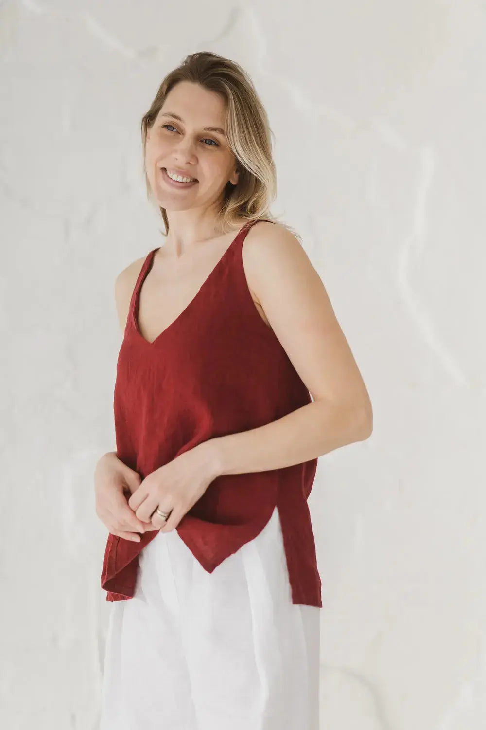 Epic Linen V-neck linen top, front view
