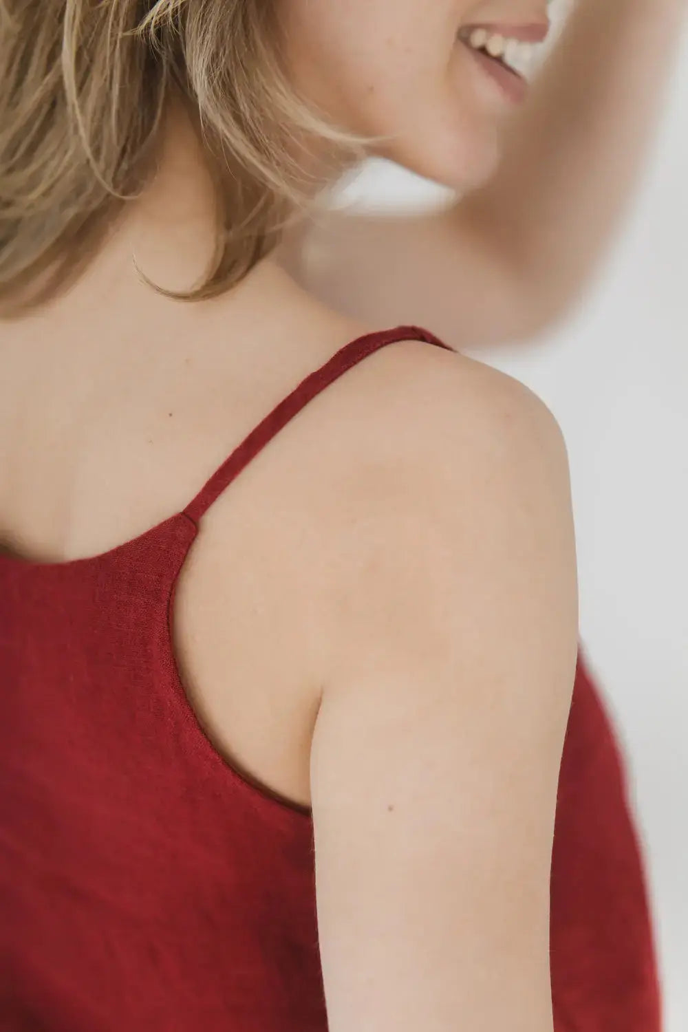 Epic Linen V-neck linen top, shoulder strap detail