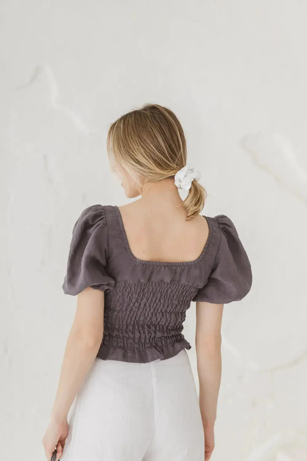 Epic Linen smocked linen crop top blouse, back view