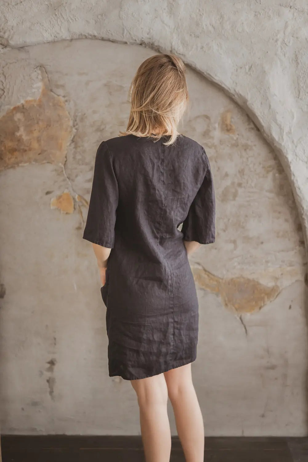 Back view of the premium lightweight 100% woven linen wrap dress
