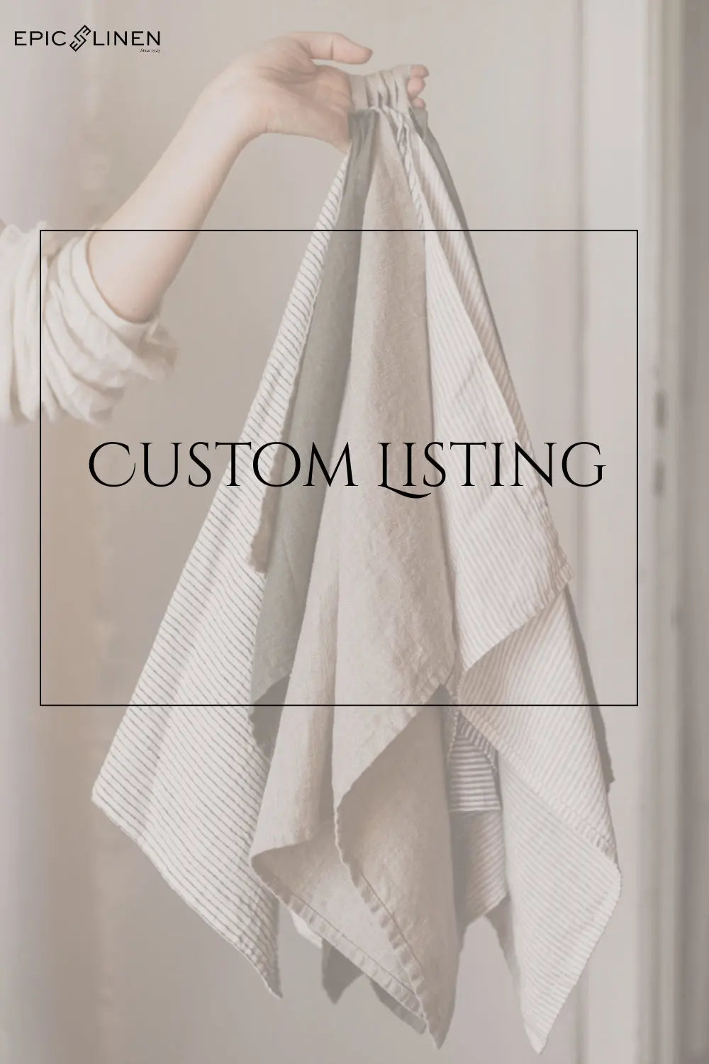 Hand holding a textured beige towel with 'Custom Listing' text overlay on a neutral background