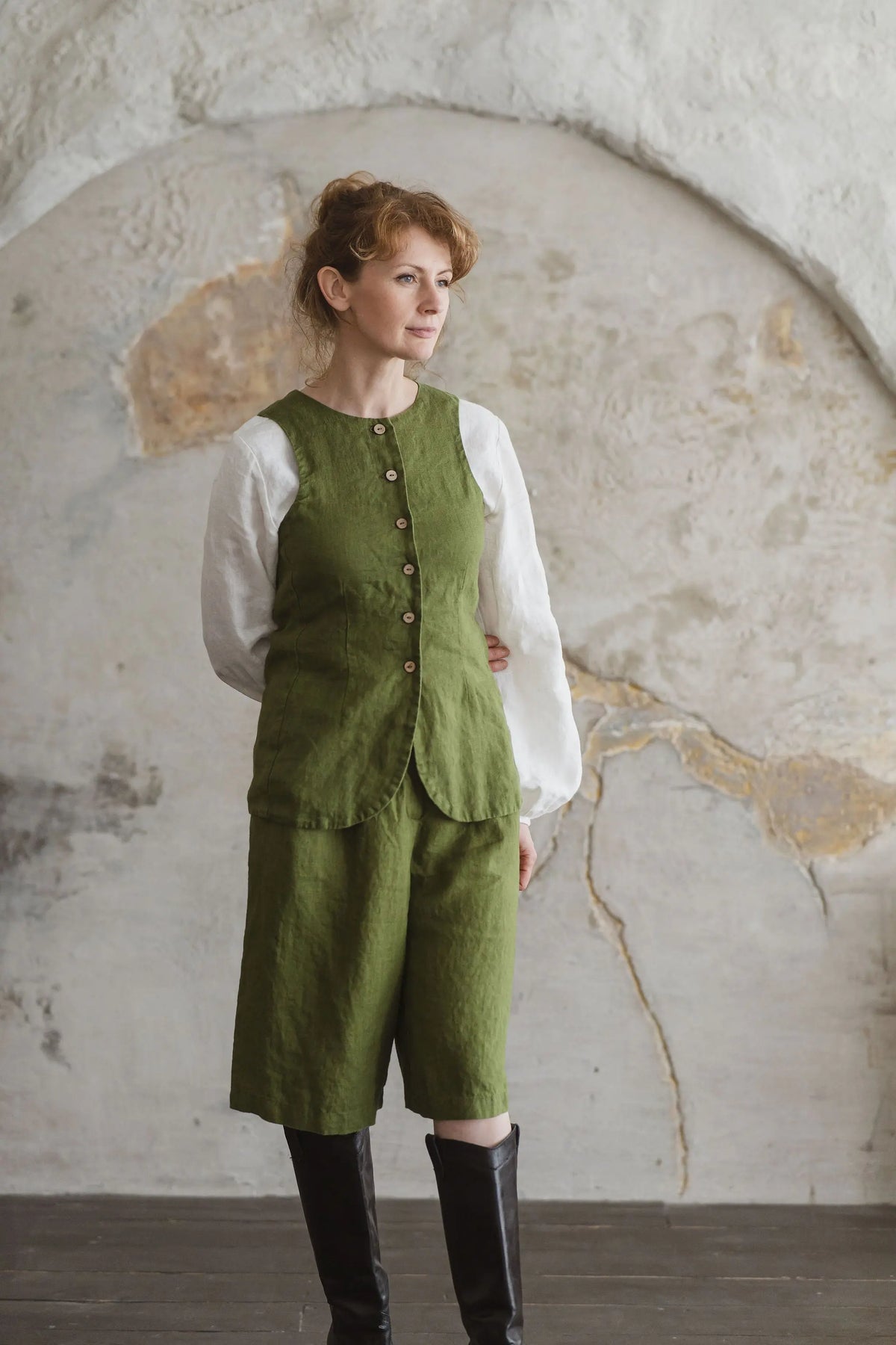 Buttoned Linen Vest with Curved Hem Epic Linen