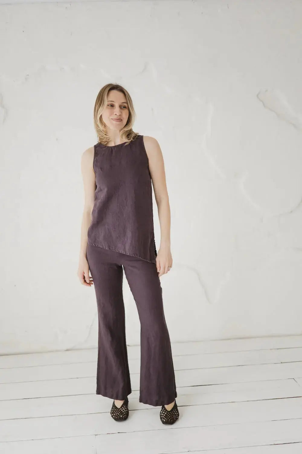 High waist linen flare pants — full length front view