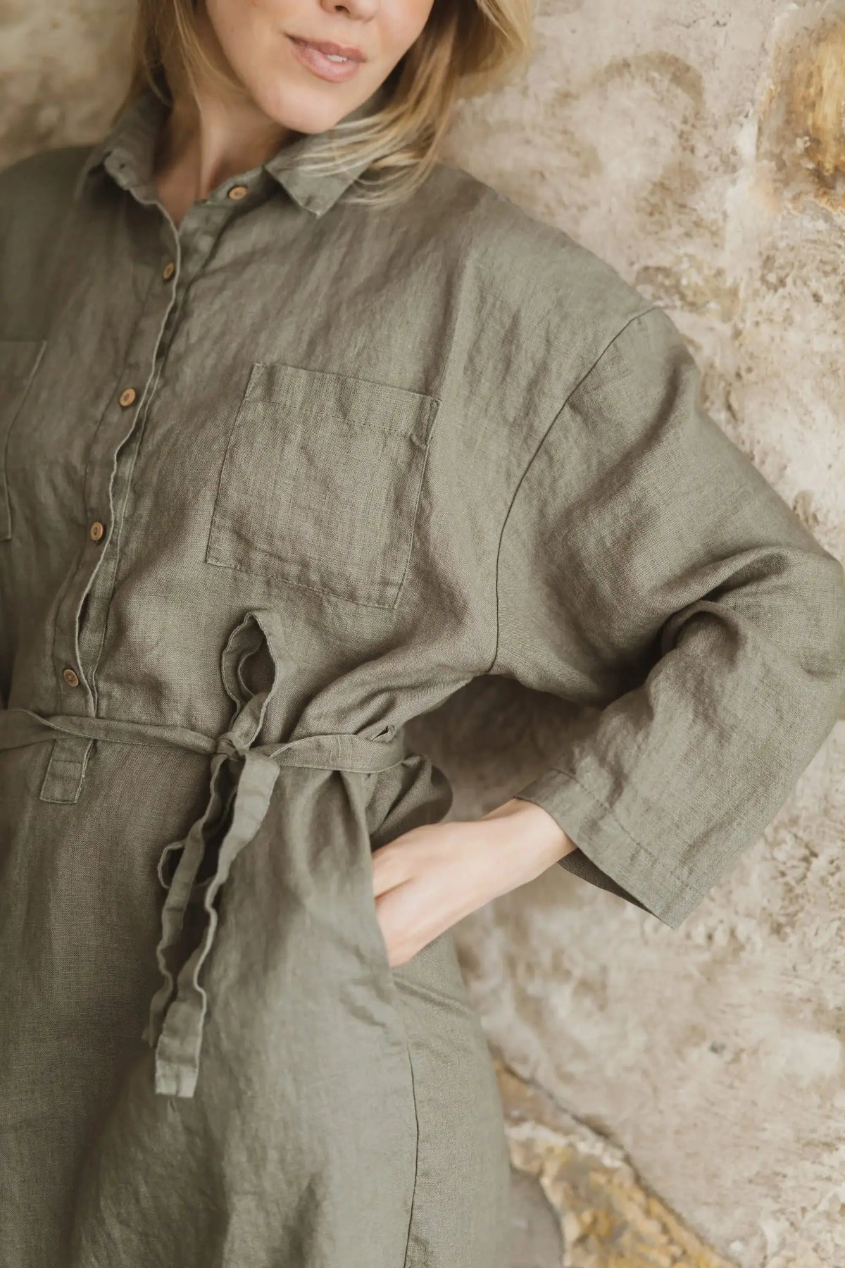 Close-up of chest pocket and coconut buttons on the Linen Belted Portofino Shirt Dress 605