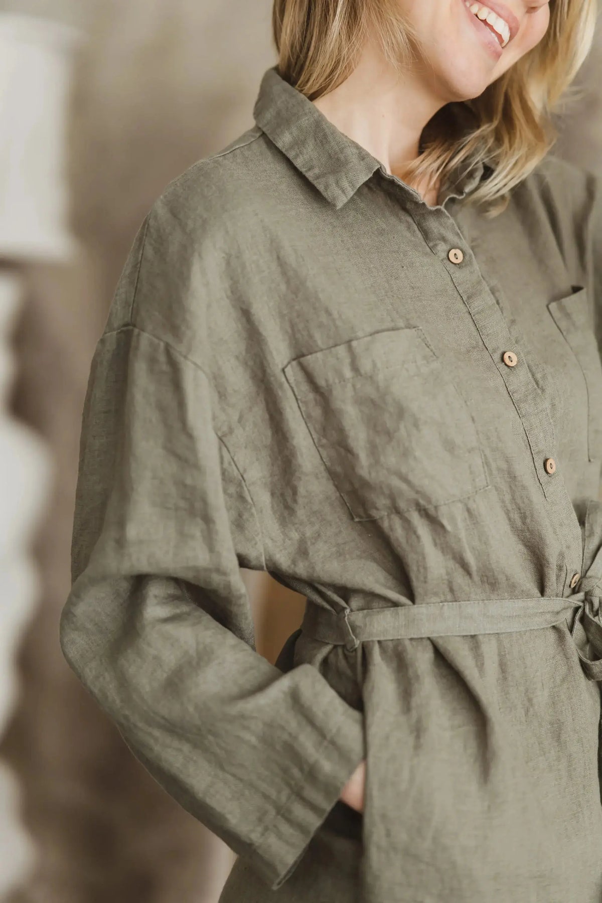 Close-up fabric texture and button detail of the 185gsm Linen Belted Portofino Shirt Dress 605.
