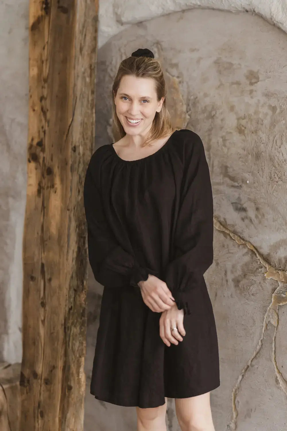 Linen Mini Dress Marea with gathered neckline and bishop sleeves, front view