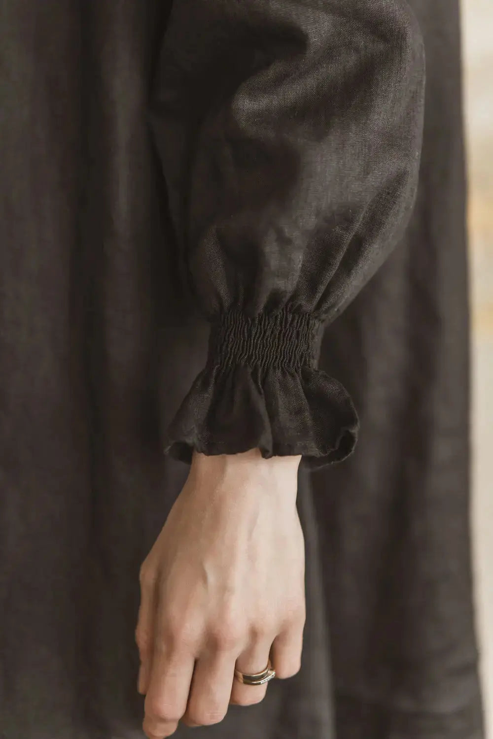 Linen Mini Dress Marea smocked cuff and bishop sleeve detail
