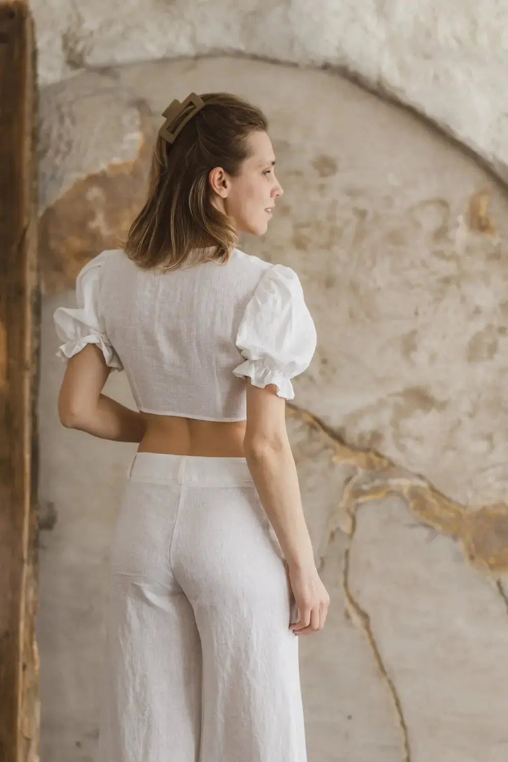 Linen tie-front crop top with puff sleeves — back view