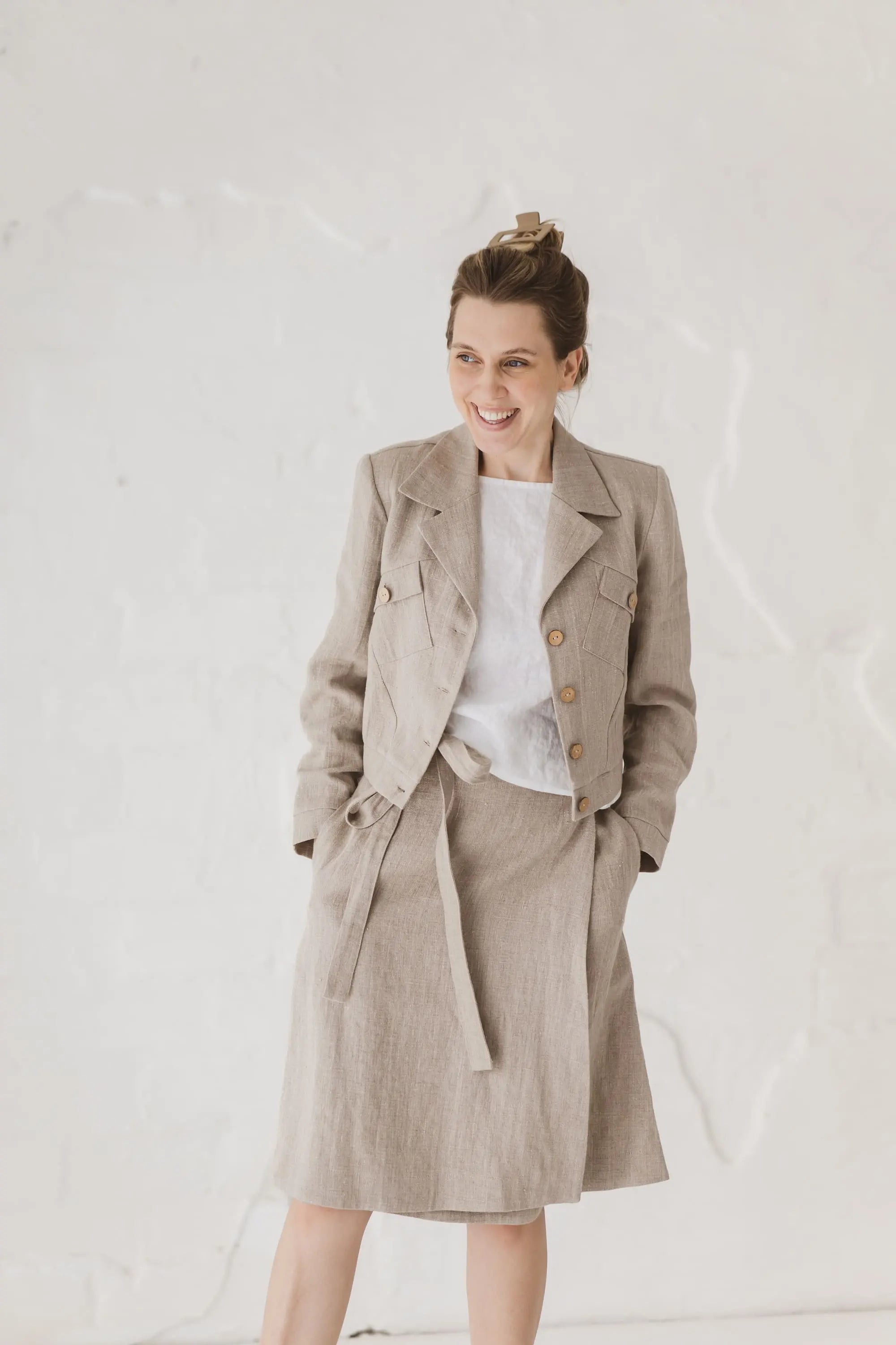 Structured Cropped Linen Blazer — front view with matching linen skirt