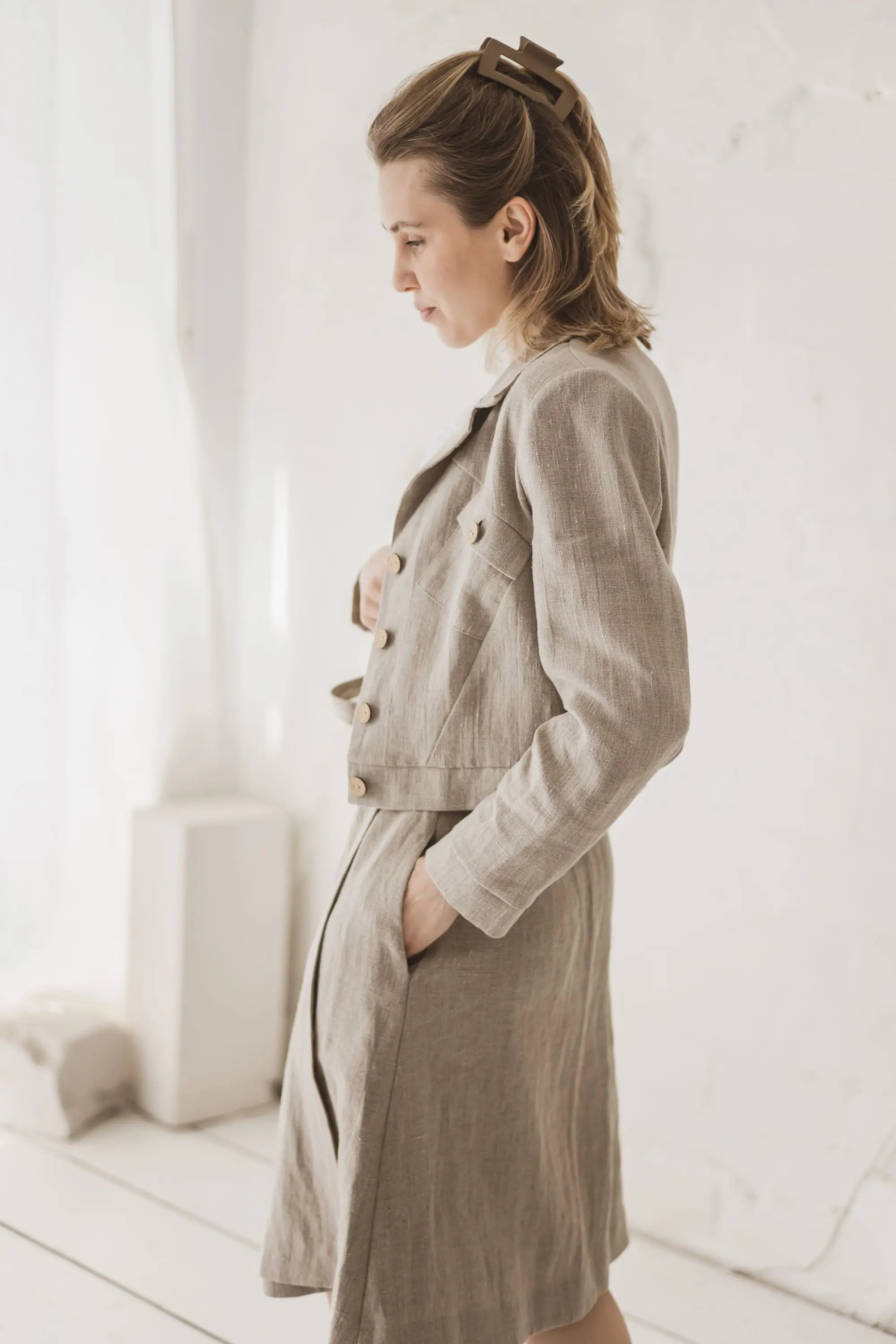 Structured Cropped Linen Blazer — side view with linen skirt