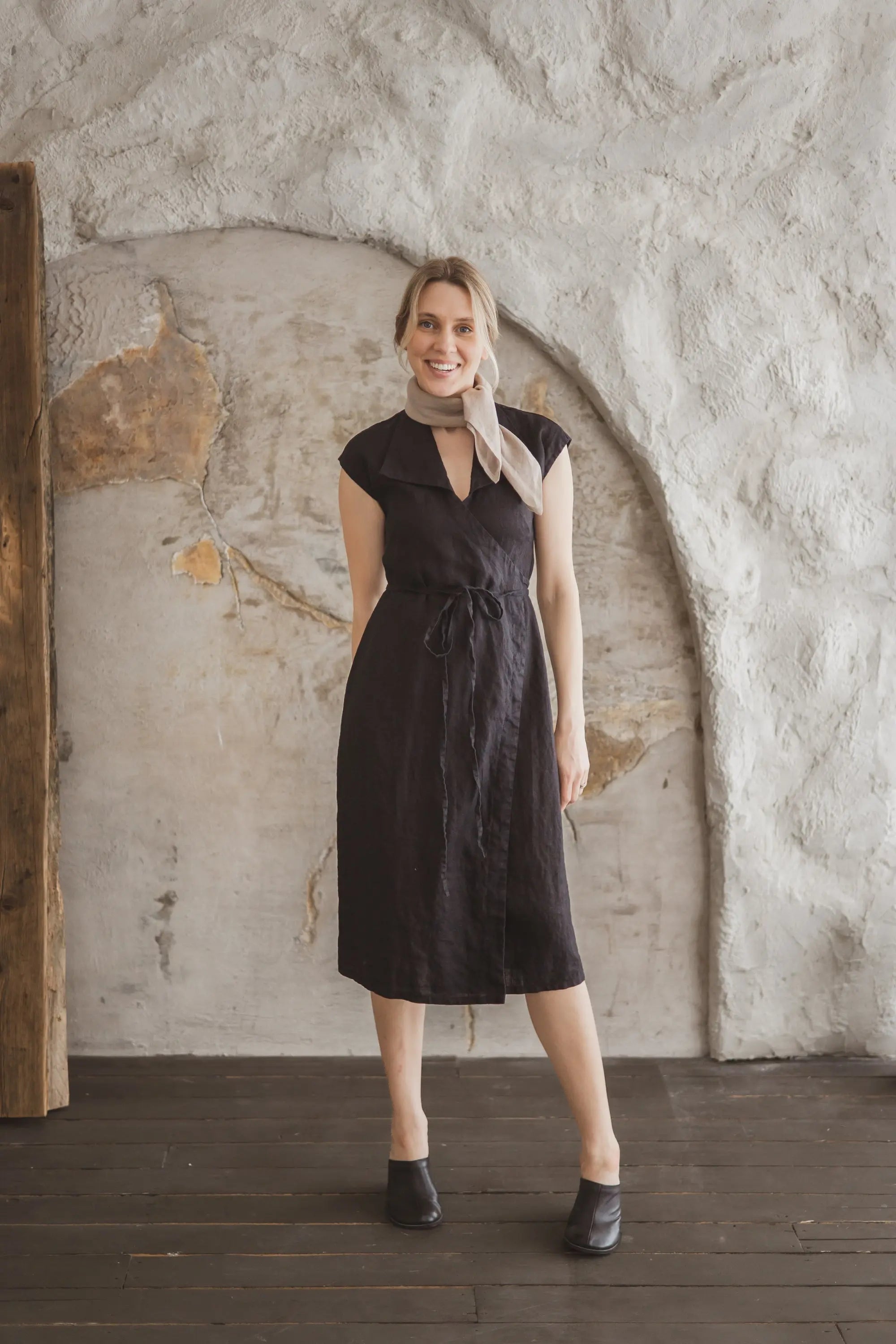 Collared Short Sleeve Midi Linen Wrap Dress - Mia