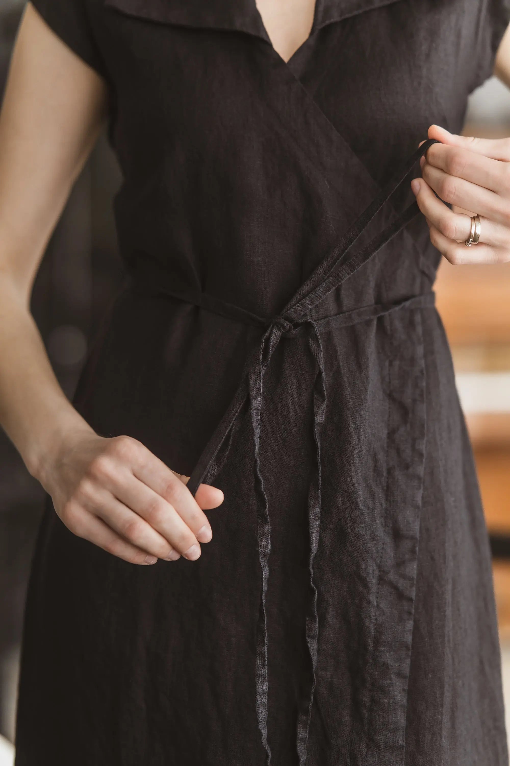 Collared Short Sleeve Midi Linen Wrap Dress - Mia