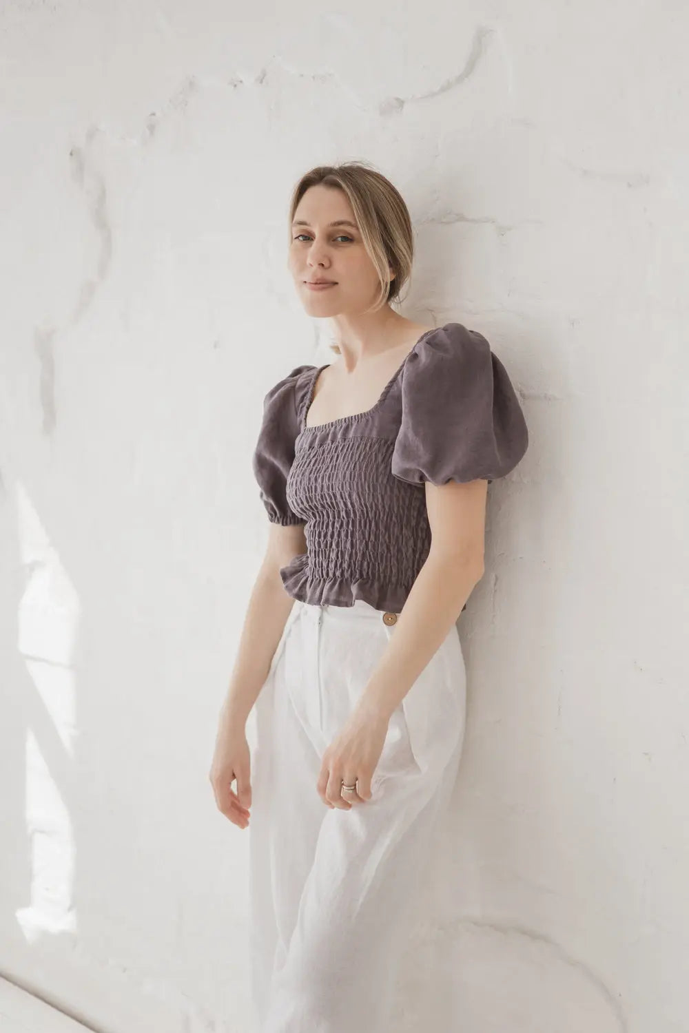 Epic Linen smocked linen crop top blouse, profile view