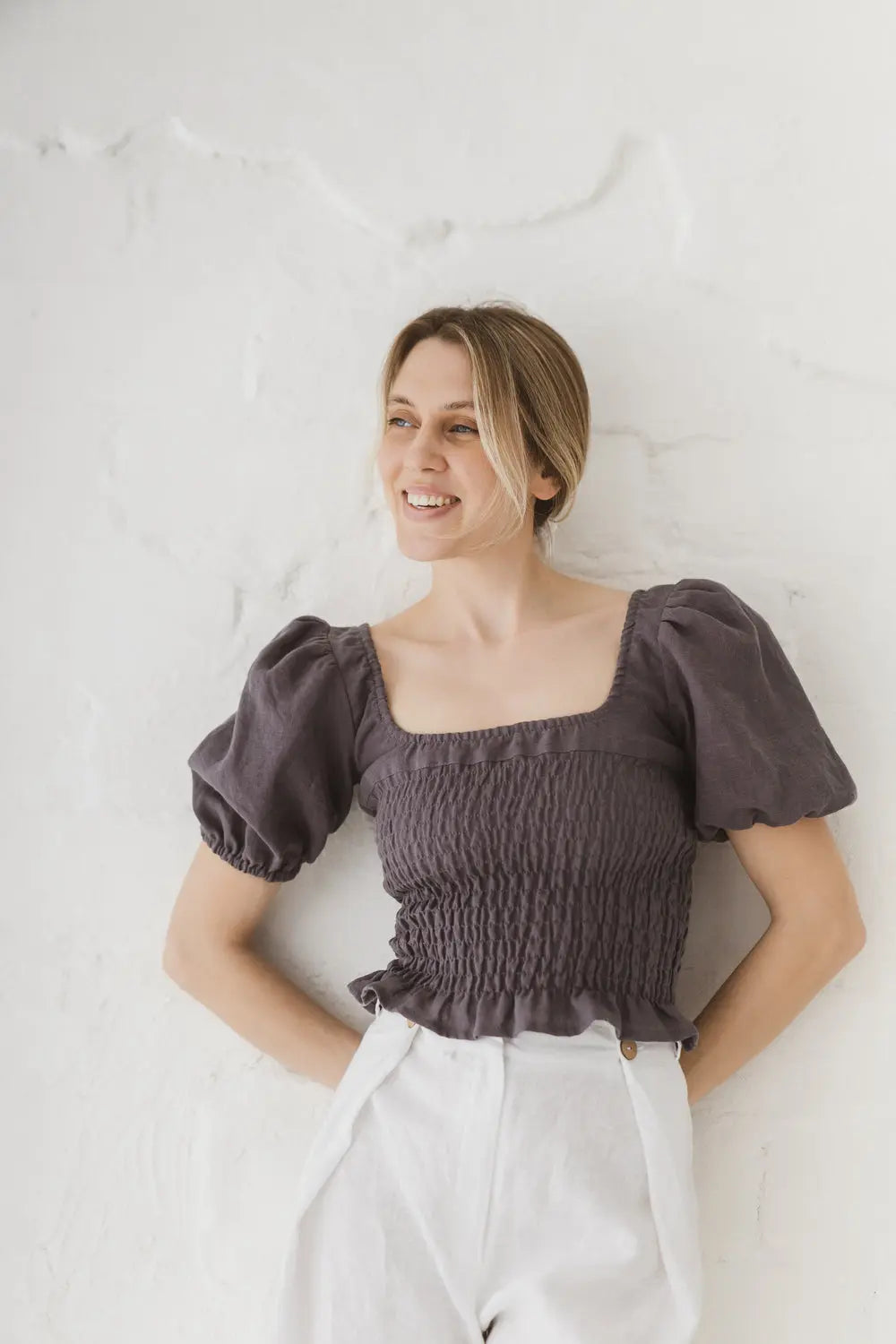 Epic Linen smocked linen crop top blouse, fabric texture detail