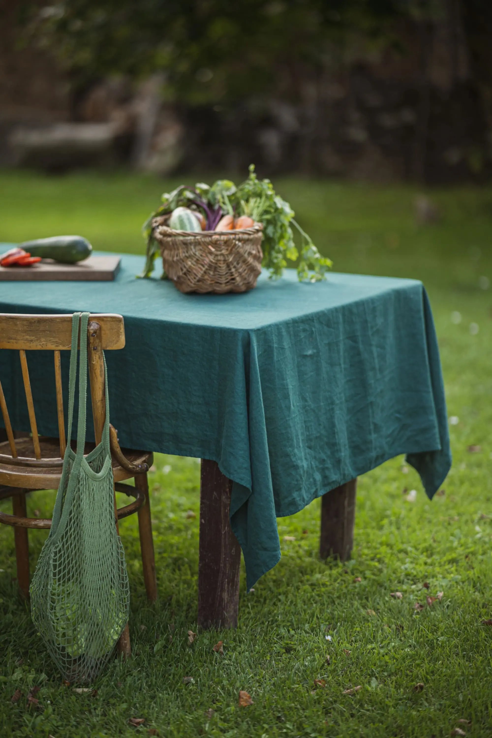 Natural Stonewashed Dark Green Linen Tablecloth