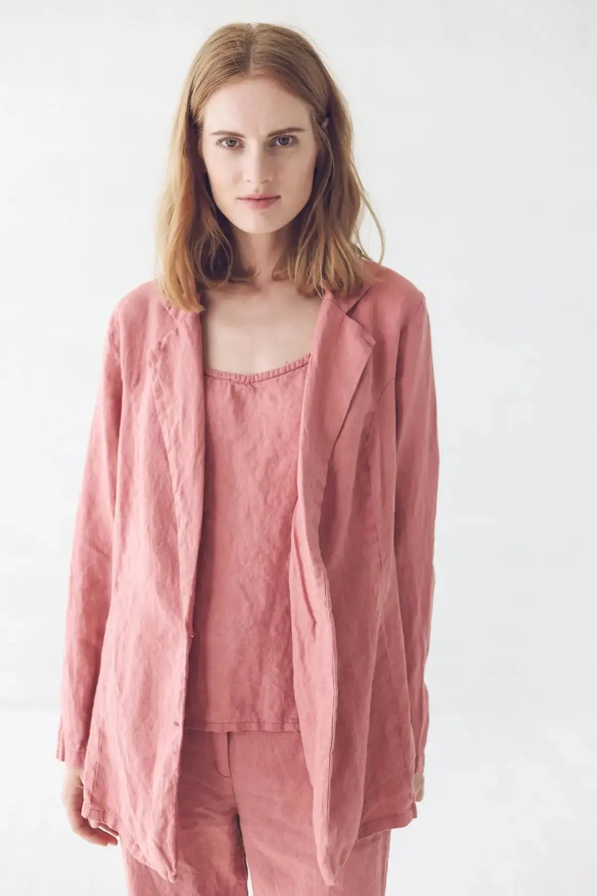 Stylish front view of the classic linen jacket for women