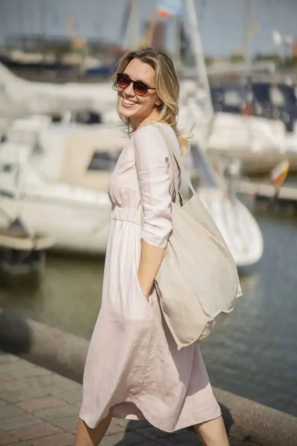 High-Waist Summer Linen Dress, side view, sleeve detail, marina lifestyle shot