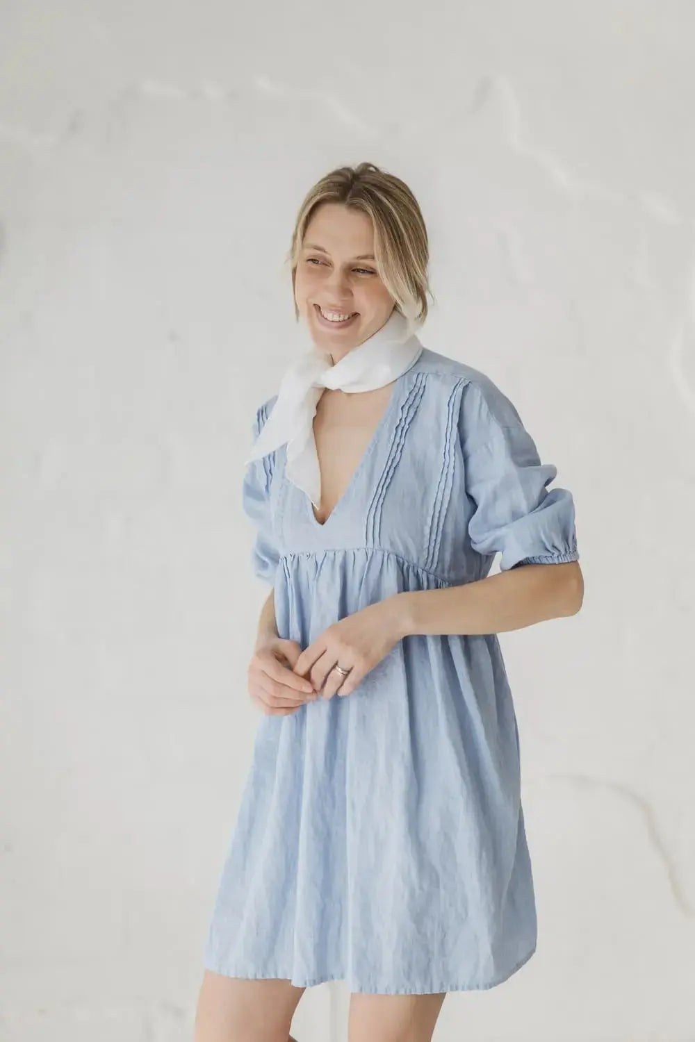 Linen Gathered Waist Mini Dress styled with white linen neck scarf