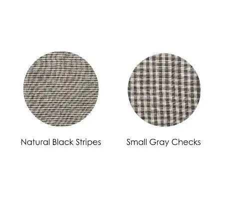 Two fabric swatches labeled 'Natural Black Stripes' and 'Small Gray Checks' on a white background.