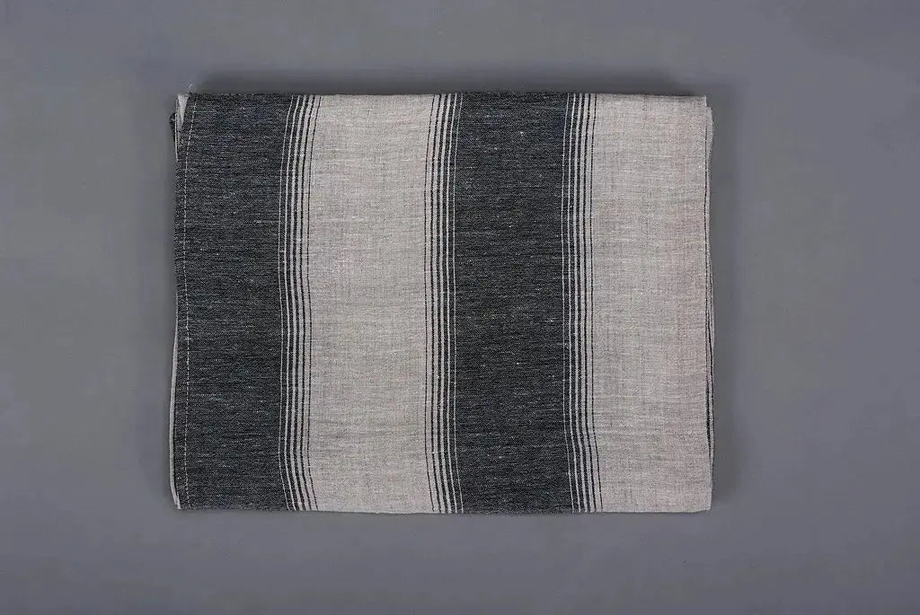 Linen Folded Huckaback Beach Towel Natural Gray Striped - Epic Linen luxury linen